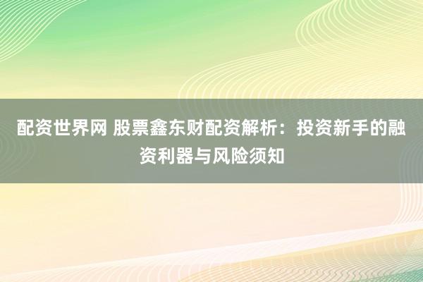 配资世界网 股票鑫东财配资解析：投资新手的融资利器与风险须知